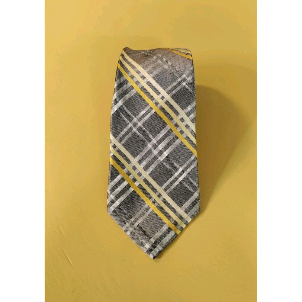 Express Silk Tie Men's Gray And Yellow Plaid Satin Length 59" Width 3" EUC